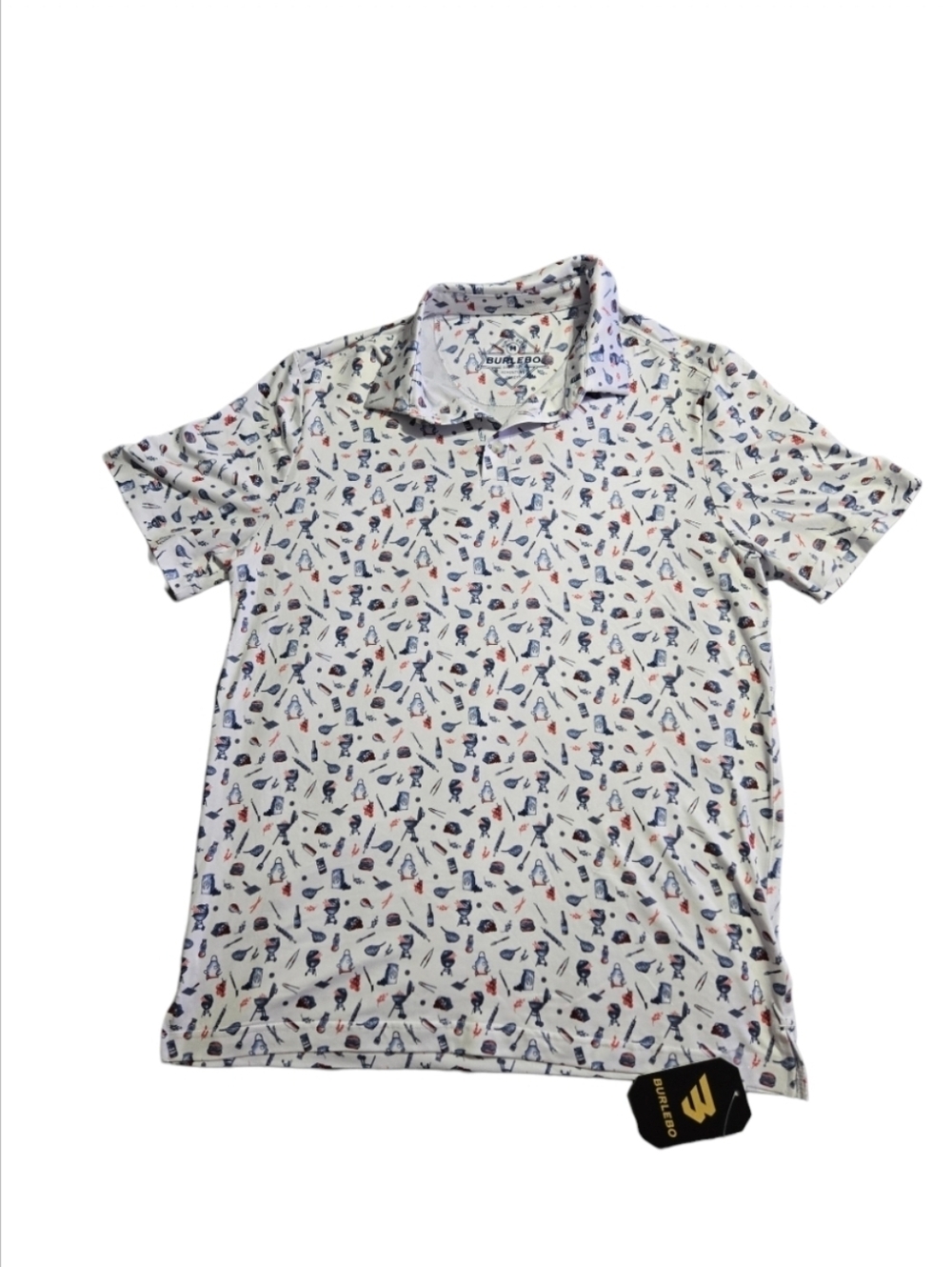 BURLEBO Performance Polo Collar Shirt Golf BBQ Grill Red White Blue Novelty